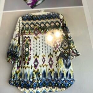 Yetts Los Angeles boho tunic 3/4 sleeve blue yellow purple ikat print size M